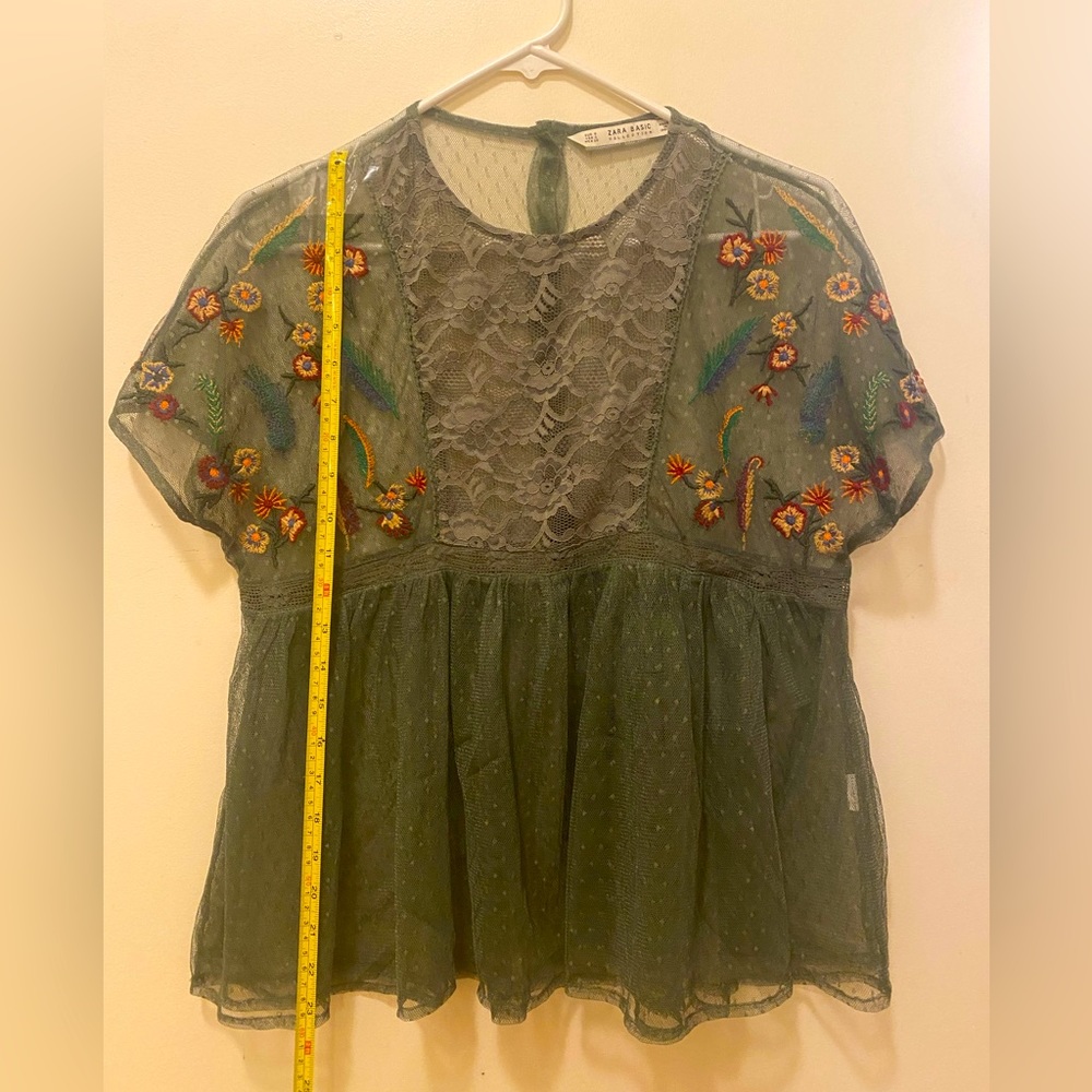 ZARA Green sheer lace top